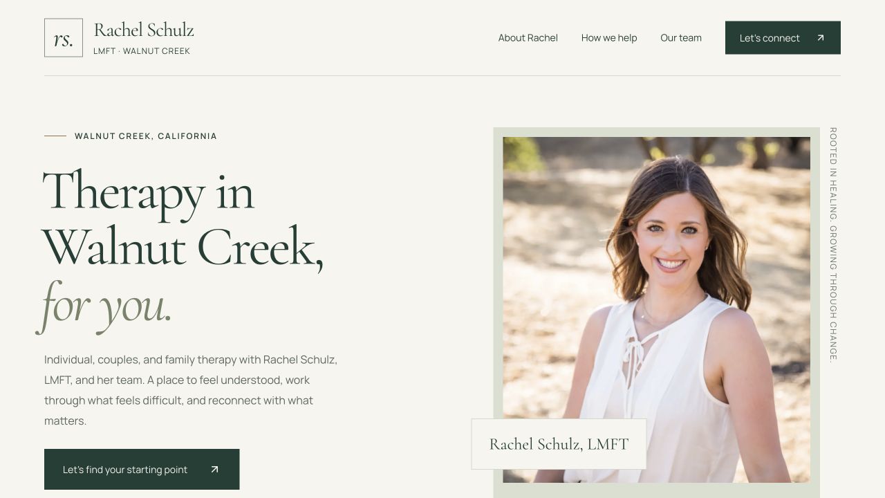 Rachel Schulz website, featuring an elegant sage and ivory layout and welcoming portrait.