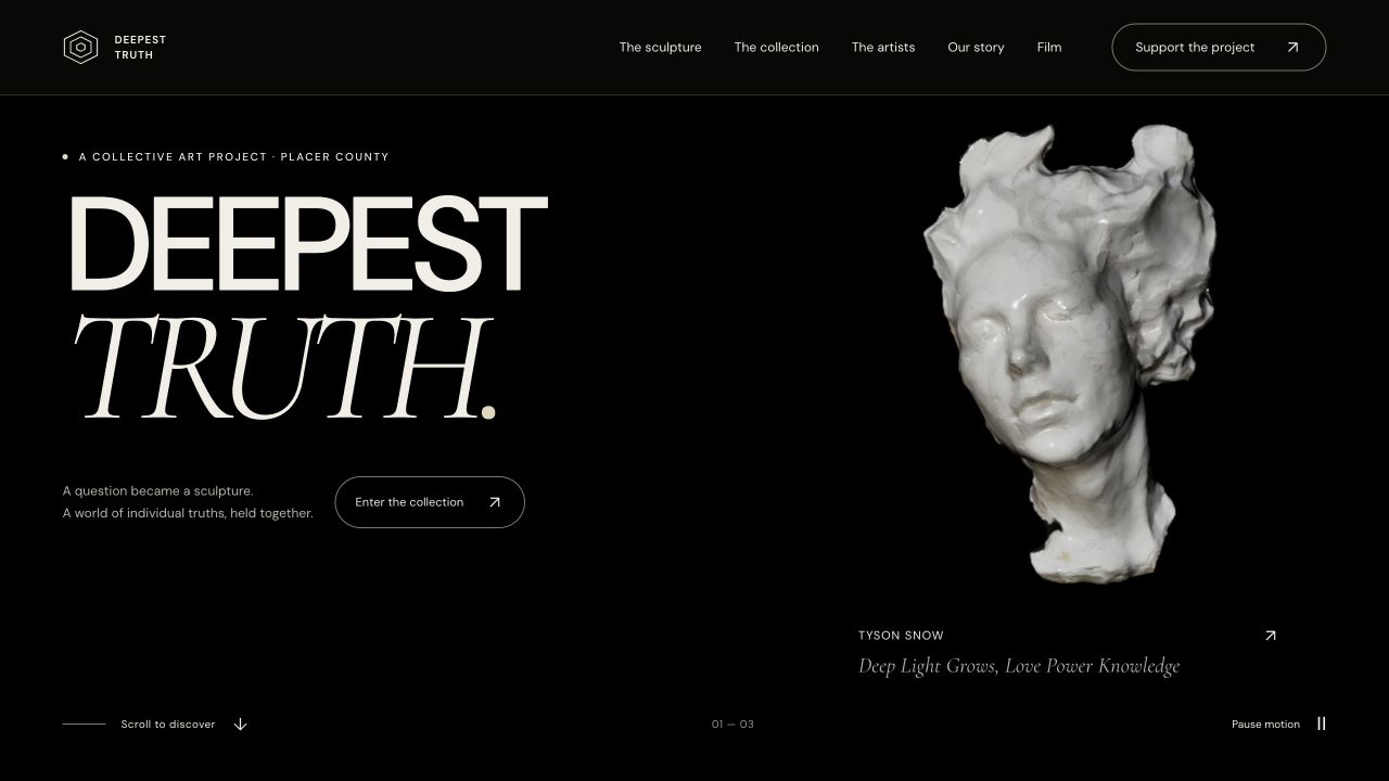 Deepest Truth website with bold exhibition typography and a sculpted face against black.